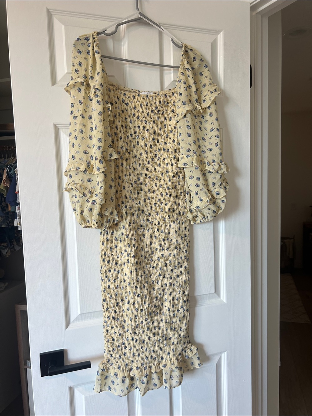 Petal and Pup Smocked Yellow Floral Midi Dress with Ruffle Sleeves